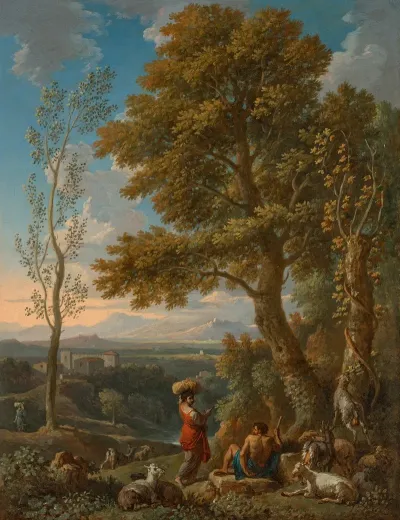 A Classical Italianate Landscape With A Goatherd And His Flock Mountains Beyond