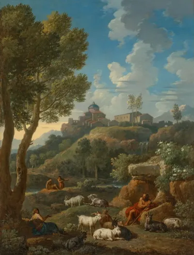A Classical Italianate Landscape With A Shepherd And His Flock Other Figures And A Hilltop Town Beyond