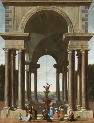A Classical Portico With An Elegant Company Gathered By A Fountain