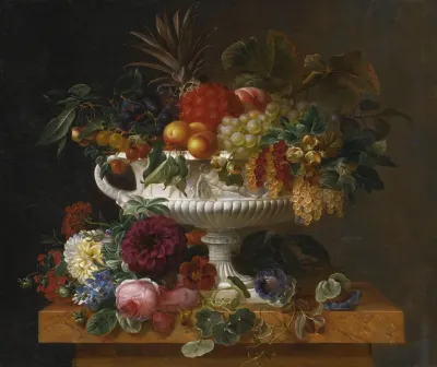 A Classical Urn With Gooseberries Apricots Currents Cherries Peaches And Pineapple Set On A Flower Covered Plinth