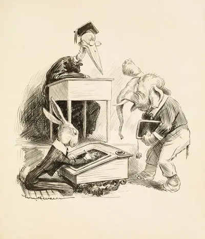 A Classroom The Teacher A Stork Is Angry At One Of His Students An Elephant