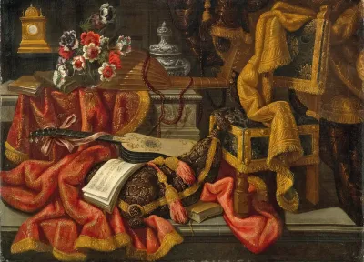A Clock A Vase Of Flowers A Lute A Guitar A Sheet Of Music A Chair And Drapes