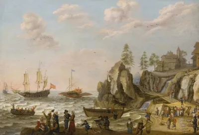A Coastal Landscape With A Galley An English Galley Frigate And A Rowing Boat In Choppy Waters