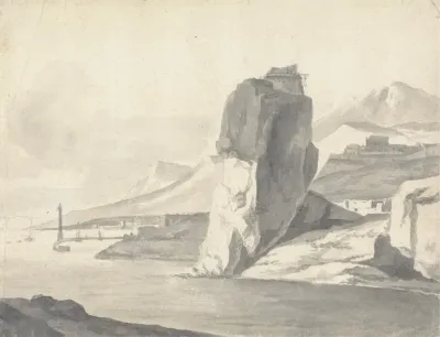 A Coastal Scene Italian With Breakwater High Cliffs And A Fort