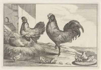 A Cock Chicken Hen And Six Chicks In A Farmyard