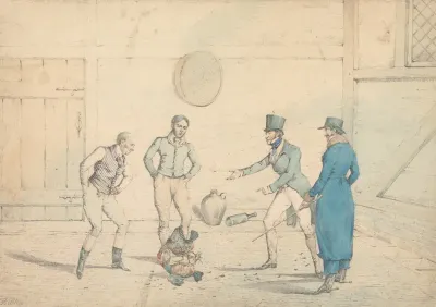 A Cock Fight Watched By Four Men In An Out House