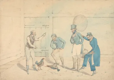 A Cock Fight Watched By Four Men In An Out Housethe Death