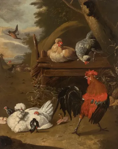 A Cockerel And Chickens In A Landscape