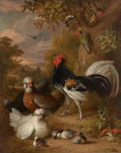 A Cockerel Chickens A Woodpecker And Other Birds In A Landscape