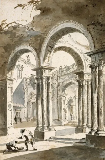 A Colonnade Partly Ruined With Figures