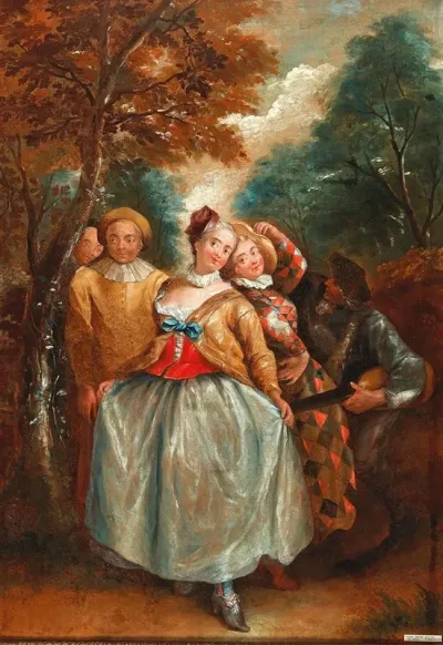 A Commedia Dellarte Scene With Columbina Harlequin And Pierrot
