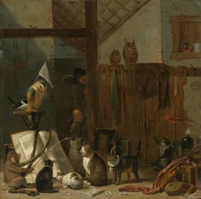 A Concert Of Cats Owls A Magpie And A Monkey In A Barn