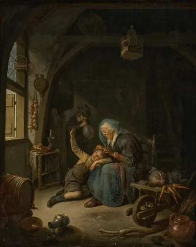 A Cottage Interior With An Old Woman Rembrandts Mother Delousing A Boys Hair