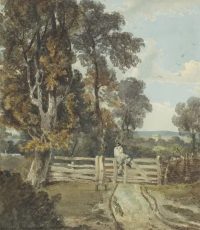 A Country Lane With A Farm Labourer Climbing A Five Bar Gate