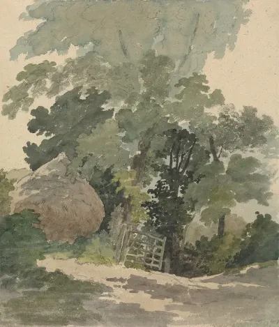 A Country Lane With Haystack And Gate