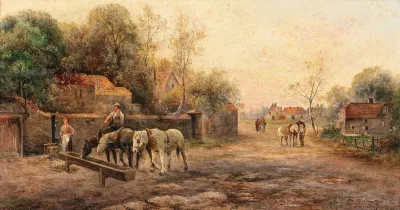 A Country Road Horses Near A Watering Place