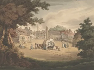 A Country Village With Cart And Numerous Figures In Foreground