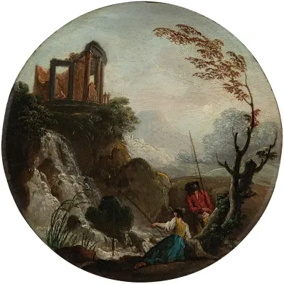 A Couple Fishing At The Base Of A Waterfall With Ruins Above