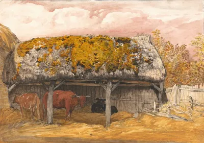 A Cow Lodge With A Mossy Roof