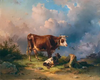 A Cow With A Calf In An Alpine Pasture In The Background The Dachstein Massif