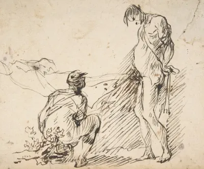 A Crouching Man Defecating And A Standing Man Urinating