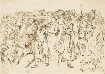 A Crowd Of Ancient Warriors Orientals And Two Boys Gathering For A Sacrifice
