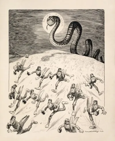 A Crowd Of Leprechauns Each Holding A Bottle Of Alcohol Run From A Large Snake Representing Saint Patrick And Are Chased Out Of Ireland