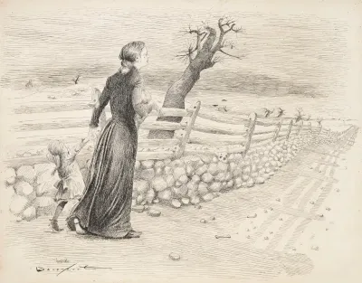 A Crying Woman Carries A Baby And Leads A Young Girl Walking Along A Fence