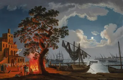 A Customs House With Dancers And Musicians Next To A Fire Boats In A Bay Beyond