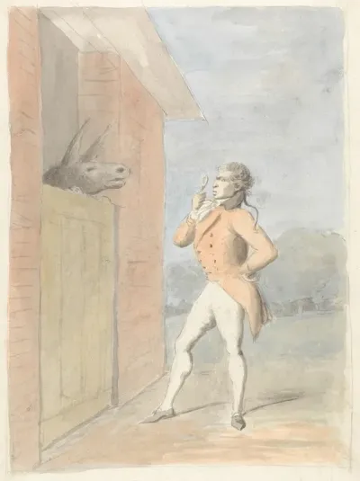 A Dandy Quizzing A Mules Head Seen Over A Stable Door