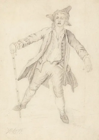 A Dishevelled Man Grimacing And Walking Awkwardly With A Cane