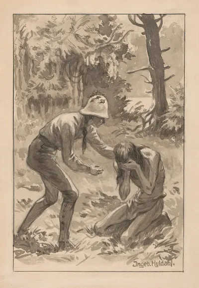 A Distraught Native Kneels With His Face Hidden In His Hands Comforted By A Person Wearing A Pith Helmet