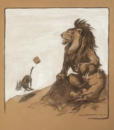 A Dog With A Can Reading Mad Mullah Runs By Watched By A Lion England And A Boar