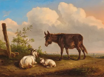 A Donkey And Goats On A Country Road