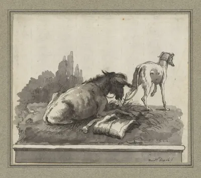 A Donkey Lying On The Grass With An Italian Greyhound On A Base
