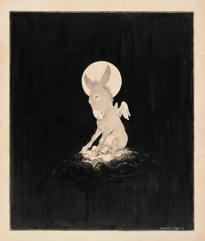 A Donkey With Wings And A Halo Sitting On A Cloud Surrounded By Blackness