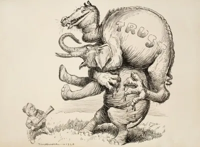 A Dragon Representing The Trusts Attacks The Republican Party Elephant Which Stands On Its Hind Legs To Try To Knock Off The Dragon