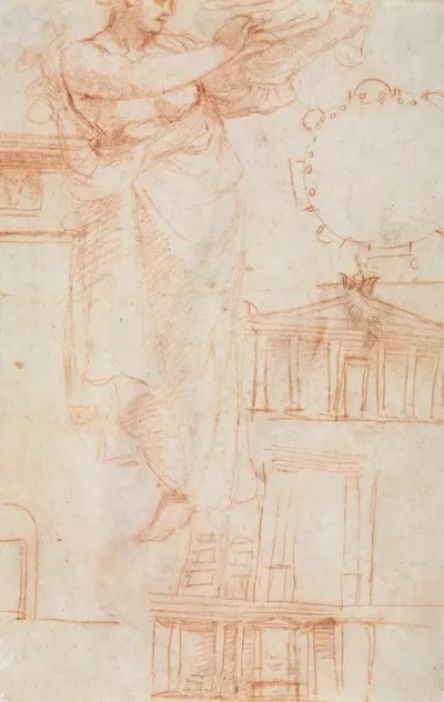 A Draped Female Figure Possibly An Amazon And Architectural Studies Verso