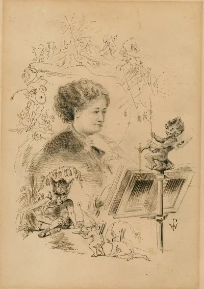 A Drawing Of A Person Reading With The Characters Of A Midsummer Nights Dream Around Her