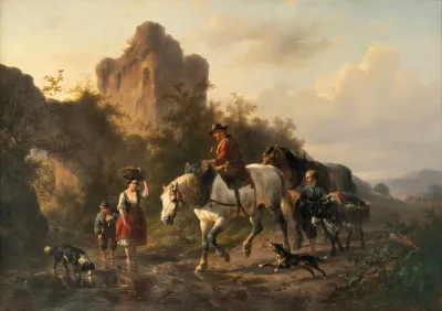 A Driver With His Family Fording A Stream