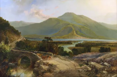 A Drover With Cattle In A Mountainous Lake Landscape
