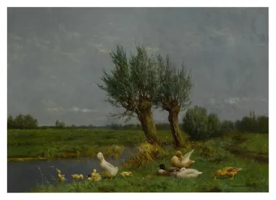 A Duck Family In A Meadow