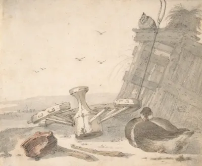 A Duck Sleeping Near A Broken Wheel In A Farmyard A Chicken Beyond