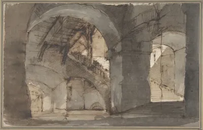 A Dungeon With High Vaults And A Staircase At Right