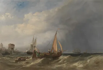 A Dutch Barge And Merchantmen Running Out Of Rotterdam