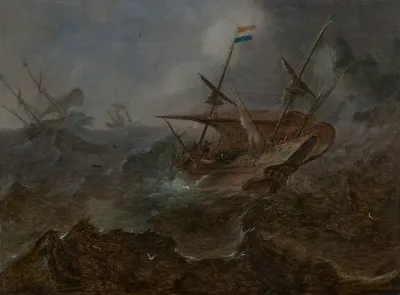 A Dutch Merchant In Rough Seas Off A Headland