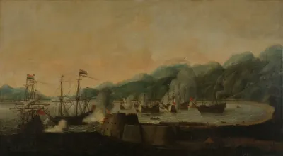 A Dutch Squadron Under The Command Of Cornelis Simonsz Van Der Veer Carrying Out A Surprise Attack On Three Portuguese Galleons In The Bay Of Goa Velha