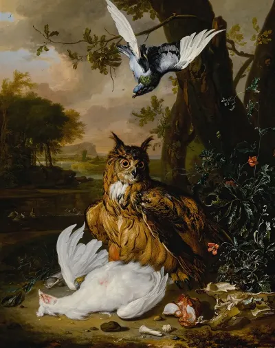 A Eurasian Eagle Owl With Other Birds In A Landscape