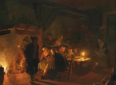A Family Eating By Candlelight In An Interior
