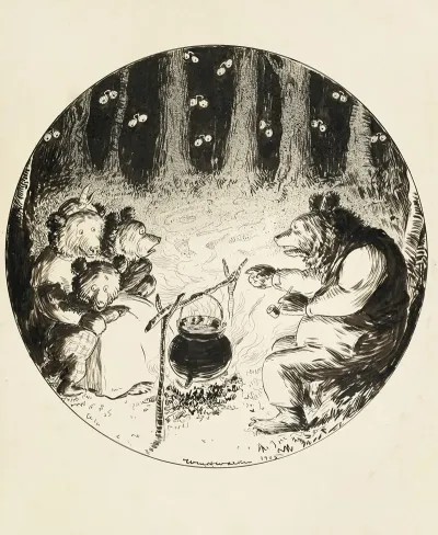 A Family Of Bears Cooks Around A Campfire